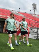 4 July 2025; Gavin Coombes, left, and Jack Boyle arrive for during an Ireland rugby captain's run at Mikheil Meskhi Stadium in Tbilisi, Georgia. Photo by Brendan Moran/Sportsfile