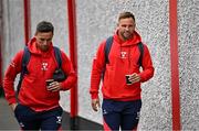 4 July 2025; Shelbourne players John O'Sullivan, left, and Paddy Barrett arrive before the SSE Airtricity Men's Premier Division match between Shelbourne and Cork City at Tolka Park in Dublin. Photo by Sam Barnes/Sportsfile