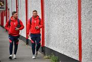 4 July 2025; Shelbourne players John O'Sullivan, left, and Paddy Barrett arrive before the SSE Airtricity Men's Premier Division match between Shelbourne and Cork City at Tolka Park in Dublin. Photo by Sam Barnes/Sportsfile