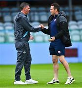 4 July 2025; Drogheda United manager Kevin Doherty shakes hands with Galway United goalkeeper Brendan Clarke before the SSE Airtricity Men's Premier Division match between Drogheda United and Galway United at Sullivan & Lambe Park in Drogheda, Louth. Photo by Tyler Miller/Sportsfile