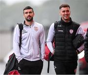 4 July 2025; Michael Duffy, left, and Derry City goalkeeper Brian Maher before the SSE Airtricity Men's Premier Division match between Derry City and Waterford at The Ryan McBride Brandywell Stadium in Derry. Photo by Ramsey Cardy/Sportsfile