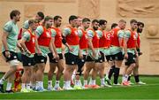 4 July 2025; Ireland players, from left, Ryan Baird, Ben Murphy, Tom Ahern, Scott Wilson, Shayne Bolton, Stephen Smyth, Ciaran Frawley, Jack Crowley, Michael Milne, Tom Stewart, Paddy McCarthy, Alex Kendellen and Tom O’Toole during their captain's run at Mikheil Meskhi Stadium in Tbilisi, Georgia. Photo by Brendan Moran/Sportsfile