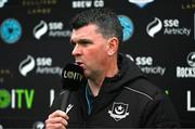 4 July 2025; Drogheda United manager Kevin Doherty is interviewed for LOITV before the SSE Airtricity Men's Premier Division match between Drogheda United and Galway United at Sullivan & Lambe Park in Drogheda, Louth. Photo by Tyler Miller/Sportsfile