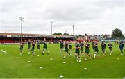 4 July 2025; Cork City players warm up before the SSE Airtricity Men's Premier Division match between Shelbourne and Cork City at Tolka Park in Dublin. Photo by Sam Barnes/Sportsfile
