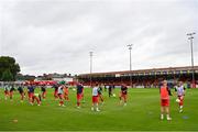 4 July 2025; Shelbourne players warm up before the SSE Airtricity Men's Premier Division match between Shelbourne and Cork City at Tolka Park in Dublin. Photo by Sam Barnes/Sportsfile