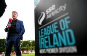 4 July 2025; St Patrick's Athletic manager Stephen Kenny speaks to Virgin Media Sport before the SSE Airtricity Men's Premier Division match between St Patrick's Athletic and Bohemians at Richmond Park in Dublin. Photo by Stephen McCarthy/Sportsfile