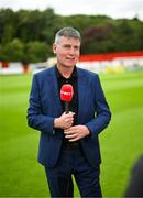 4 July 2025; St Patrick's Athletic manager Stephen Kenny speaks to Virgin Media Sport before the SSE Airtricity Men's Premier Division match between St Patrick's Athletic and Bohemians at Richmond Park in Dublin. Photo by Stephen McCarthy/Sportsfile
