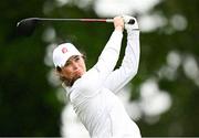 4 July 2025; Aine Donegan of Ireland plays her tee shot on the 18th hole during day two of the 2025 KPMG Women’s Irish Open Golf Championship at Carton House Golf Club in Maynooth, Kildare. Photo by Seb Daly/Sportsfile
