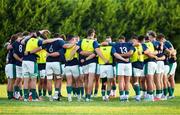 4 July 2025; Ireland players huddle during a warm up before the World Rugby U20 Championship 2025 Pool C match between Ireland and Italy at Stadio Luigi Zaffanella in Viadana, Italy. Photo by Massimiliano Carnabuci/Sportsfile