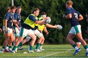 4 July 2025; Ireland players, including Tom McAllister, centre,, during a warm up before the World Rugby U20 Championship 2025 Pool C match between Ireland and Italy at Stadio Luigi Zaffanella in Viadana, Italy. Photo by Massimiliano Carnabuci/Sportsfile