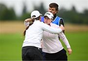 4 July 2025; Leona Maguire, right, and Aine Donegan of Ireland after completing their rounds on the 18th green during day two of the 2025 KPMG Women’s Irish Open Golf Championship at Carton House Golf Club in Maynooth, Kildare. Photo by Seb Daly/Sportsfile