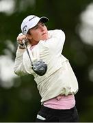 4 July 2025; Mimi Rhodes of England watches her tee shot on the 18th hole during day two of the 2025 KPMG Women’s Irish Open Golf Championship at Carton House Golf Club in Maynooth, Kildare. Photo by Seb Daly/Sportsfile