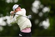4 July 2025; Mimi Rhodes of England watches her tee shot on the 18th hole during day two of the 2025 KPMG Women’s Irish Open Golf Championship at Carton House Golf Club in Maynooth, Kildare. Photo by Seb Daly/Sportsfile