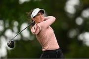 4 July 2025; Cara Gainer of England watches her tee shot on the 18th hole during day two of the 2025 KPMG Women’s Irish Open Golf Championship at Carton House Golf Club in Maynooth, Kildare. Photo by Seb Daly/Sportsfile