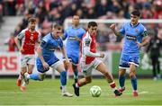 4 July 2025; Kian Leavy of St Patrick's Athletic in action against Ross Tierney and Dawson Devoy, right, of Bohemians during the SSE Airtricity Men's Premier Division match between St Patrick's Athletic and Bohemians at Richmond Park in Dublin. Photo by Stephen McCarthy/Sportsfile
