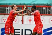 4 July 2025; Mipo Odubeko of Shelbourne, right, celebrates with teammate Harry Wood after scoring their side's second goal during the SSE Airtricity Men's Premier Division match between Shelbourne and Cork City at Tolka Park in Dublin. Photo by Sam Barnes/Sportsfile