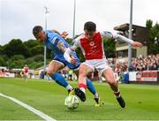 4 July 2025; Kian Leavy of St Patrick's Athletic in action against Rob Cornwall of Bohemians during the SSE Airtricity Men's Premier Division match between St Patrick's Athletic and Bohemians at Richmond Park in Dublin. Photo by Stephen McCarthy/Sportsfile
