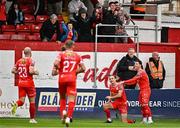 4 July 2025; Harry Wood of Shelbourne, second from right, celebrates with teammates after scoring his side's first goal during the SSE Airtricity Men's Premier Division match between Shelbourne and Cork City at Tolka Park in Dublin. Photo by Sam Barnes/Sportsfile