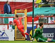 4 July 2025; Harry Wood of Shelbourne celebrates after scoring his side's first goal during the SSE Airtricity Men's Premier Division match between Shelbourne and Cork City at Tolka Park in Dublin. Photo by Sam Barnes/Sportsfile