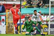 4 July 2025; Harry Wood of Shelbourne scores his side's first goal despite the efforts of Cork City goalkeeper Conor Brann during the SSE Airtricity Men's Premier Division match between Shelbourne and Cork City at Tolka Park in Dublin. Photo by Sam Barnes/Sportsfile