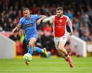 4 July 2025; Aidan Keena of St Patrick's Athletic in action against Rob Cornwall of Bohemians during the SSE Airtricity Men's Premier Division match between St Patrick's Athletic and Bohemians at Richmond Park in Dublin. Photo by Stephen McCarthy/Sportsfile