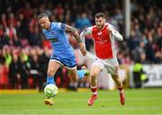 4 July 2025; Aidan Keena of St Patrick's Athletic in action against Rob Cornwall of Bohemians during the SSE Airtricity Men's Premier Division match between St Patrick's Athletic and Bohemians at Richmond Park in Dublin. Photo by Stephen McCarthy/Sportsfile