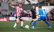 4 July 2025; Gavin Whyte of Derry City in action against Darragh Leahy of Waterford during the SSE Airtricity Men's Premier Division match between Derry City and Waterford at The Ryan McBride Brandywell Stadium in Derry. Photo by Ramsey Cardy/Sportsfile