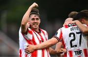 4 July 2025; Gavin Whyte of Derry City celebrates his side's second goal, scored by Liam Boyce, during the SSE Airtricity Men's Premier Division match between Derry City and Waterford at The Ryan McBride Brandywell Stadium in Derry. Photo by Ramsey Cardy/Sportsfile