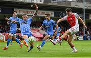4 July 2025; Simon Power of St Patrick's Athletic in action against Rob Cornwall of Bohemians during the SSE Airtricity Men's Premier Division match between St Patrick's Athletic and Bohemians at Richmond Park in Dublin. Photo by Stephen McCarthy/Sportsfile