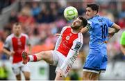 4 July 2025; Aidan Keena of St Patrick's Athletic in action against Dawson Devoy of Bohemians during the SSE Airtricity Men's Premier Division match between St Patrick's Athletic and Bohemians at Richmond Park in Dublin. Photo by Stephen McCarthy/Sportsfile