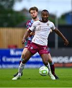 4 July 2025; Malcolm Shaw of Galway United in action against Andrew Quinn of Drogheda United during the SSE Airtricity Men's Premier Division match between Drogheda United and Galway United at Sullivan & Lambe Park in Drogheda, Louth. Photo by Tyler Miller/Sportsfile