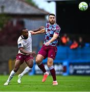 4 July 2025; Conor Keeley of Drogheda United in action against Malcolm Shaw of Galway United during the SSE Airtricity Men's Premier Division match between Drogheda United and Galway United at Sullivan & Lambe Park in Drogheda, Louth. Photo by Tyler Miller/Sportsfile