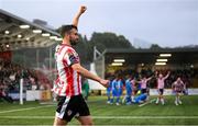 4 July 2025; Michael Duffy of Derry City celebrates his side's fourth goal, scored by Mark Connolly, during the SSE Airtricity Men's Premier Division match between Derry City and Waterford at The Ryan McBride Brandywell Stadium in Derry. Photo by Ramsey Cardy/Sportsfile