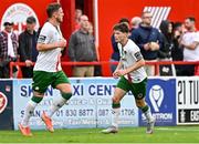 4 July 2025; Kitt Nelson of Cork City, right, after scoring his side's first goal during the SSE Airtricity Men's Premier Division match between Shelbourne and Cork City at Tolka Park in Dublin. Photo by Sam Barnes/Sportsfile