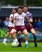 4 July 2025; Edward McCarthy of Galway United in action against Andrew Quinn of Drogheda United during the SSE Airtricity Men's Premier Division match between Drogheda United and Galway United at Sullivan & Lambe Park in Drogheda, Louth. Photo by Tyler Miller/Sportsfile