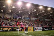 4 July 2025; Michael Duffy of Derry City takes a corner kick during the SSE Airtricity Men's Premier Division match between Derry City and Waterford at The Ryan McBride Brandywell Stadium in Derry. Photo by Ramsey Cardy/Sportsfile