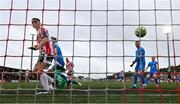 4 July 2025; Liam Boyce of Derry City scores his side's second goal past Waterford goalkeeper Brad Wade during the SSE Airtricity Men's Premier Division match between Derry City and Waterford at The Ryan McBride Brandywell Stadium in Derry. Photo by Ramsey Cardy/Sportsfile