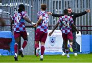 4 July 2025; Fuhad Kareem of Drogheda United, 34, runs to celebrate with Drogheda United manager Kevin Doherty after scoring their side's first goal during the SSE Airtricity Men's Premier Division match between Drogheda United and Galway United at Sullivan & Lambe Park in Drogheda, Louth. Photo by Tyler Miller/Sportsfile