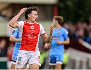 4 July 2025; Simon Power of St Patrick's Athletic reacts after his goal is disallowed for an offside during the SSE Airtricity Men's Premier Division match between St Patrick's Athletic and Bohemians at Richmond Park in Dublin. Photo by Thomas Flinkow/Sportsfile