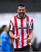 4 July 2025; Michael Duffy of Derry City celebrates after scoring his side's fifth goal during the SSE Airtricity Men's Premier Division match between Derry City and Waterford at The Ryan McBride Brandywell Stadium in Derry. Photo by Ramsey Cardy/Sportsfile