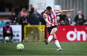 4 July 2025; Michael Duffy of Derry City scores his side's fifth goal during the SSE Airtricity Men's Premier Division match between Derry City and Waterford at The Ryan McBride Brandywell Stadium in Derry. Photo by Ramsey Cardy/Sportsfile