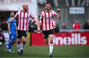 4 July 2025; Michael Duffy of Derry City celebrates with Liam Boyce, left, after scoring their side's fifth goal during the SSE Airtricity Men's Premier Division match between Derry City and Waterford at The Ryan McBride Brandywell Stadium in Derry. Photo by Ramsey Cardy/Sportsfile