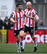 4 July 2025; Michael Duffy of Derry City celebrates with Liam Boyce, right, after scoring their side's fifth goal during the SSE Airtricity Men's Premier Division match between Derry City and Waterford at The Ryan McBride Brandywell Stadium in Derry. Photo by Ramsey Cardy/Sportsfile