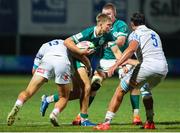 4 July 2025; Ciaran Mangan of Ireland is tackled by Federico Zanandrea, left, and Piero Gritti of Italy during the World Rugby U20 Championship 2025 Pool C match between Ireland and Italy at Stadio Luigi Zaffanella in Viadana, Italy. Photo by Massimiliano Carnabuci/Sportsfile