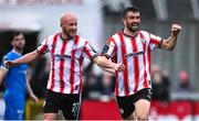 4 July 2025; Michael Duffy of Derry City celebrates after scoring his side's fifth goal during the SSE Airtricity Men's Premier Division match between Derry City and Waterford at The Ryan McBride Brandywell Stadium in Derry. Photo by Ramsey Cardy/Sportsfile