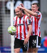 4 July 2025; Liam Boyce of Derry City celebrates with Sam Todd, after scoring his third goal, and his side's sixth goal, during the SSE Airtricity Men's Premier Division match between Derry City and Waterford at The Ryan McBride Brandywell Stadium in Derry. Photo by Ramsey Cardy/Sportsfile