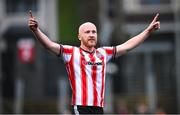 4 July 2025; Liam Boyce of Derry City celebrates after scoring his third goal, and his side's sixth goal, during the SSE Airtricity Men's Premier Division match between Derry City and Waterford at The Ryan McBride Brandywell Stadium in Derry. Photo by Ramsey Cardy/Sportsfile