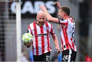 4 July 2025; Liam Boyce of Derry City celebrates with Sam Todd, after scoring his third goal, and his side's sixth goal, during the SSE Airtricity Men's Premier Division match between Derry City and Waterford at The Ryan McBride Brandywell Stadium in Derry. Photo by Ramsey Cardy/Sportsfile