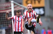 4 July 2025; Liam Boyce of Derry City celebrates after scoring his third goal, and his side's sixth goal, during the SSE Airtricity Men's Premier Division match between Derry City and Waterford at The Ryan McBride Brandywell Stadium in Derry. Photo by Ramsey Cardy/Sportsfile