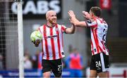 4 July 2025; Liam Boyce of Derry City celebrates with Sam Todd, after scoring his third goal, and his side's sixth goal, during the SSE Airtricity Men's Premier Division match between Derry City and Waterford at The Ryan McBride Brandywell Stadium in Derry. Photo by Ramsey Cardy/Sportsfile